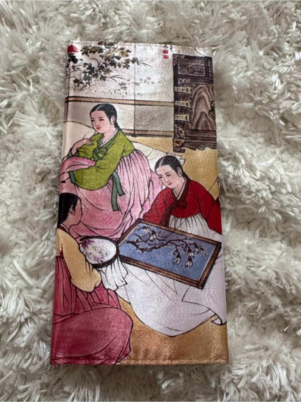 Vintage Korean Traditional Art Satin Checkbook Cover / Passport Holder Case